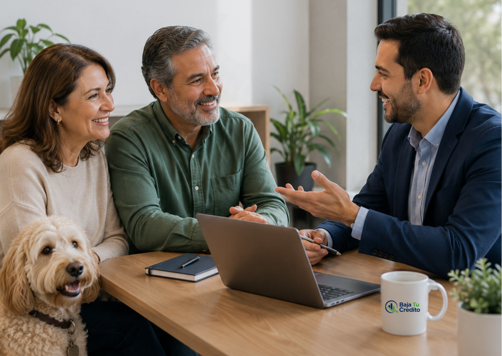 Asesor financiero explicando opciones para reducir crédito a una pareja en Colombia